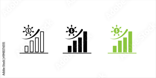 Minimal icon set. showing bar chart with upward trend and dollar symbol, representing financial growth, business success, investment performance, and economic progress.
