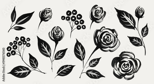 Black and white floral illustration set.