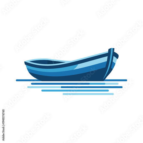 A serene illustration of a blue boat gliding on calm water reflects tranquility and simplicity, symbolizing peace and freedom, perfect for nautical designs.
