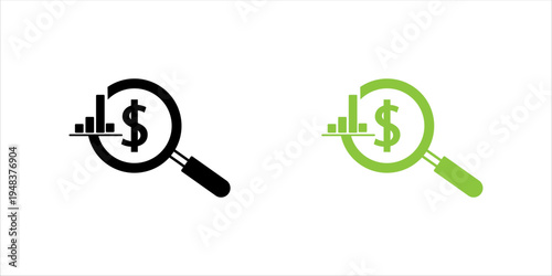 Outline icon set.  showing magnifying glass inspecting dollar symbol and bar chart, representing financial research, investment analysis, profit evaluation, and business data review.