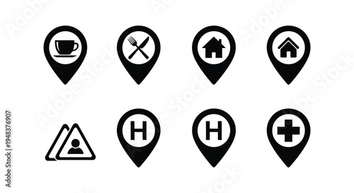 Collection of diverse black vector location pin icons and a warning sign graphic for digital maps