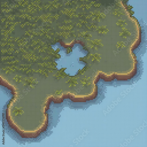 A pixel art image of a lush green island with a large body of water, a small hole, and a unique feature.