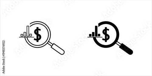 Outline icon set.  showing magnifying glass inspecting dollar symbol and bar chart, representing financial research, investment analysis, profit evaluation, and business data review.