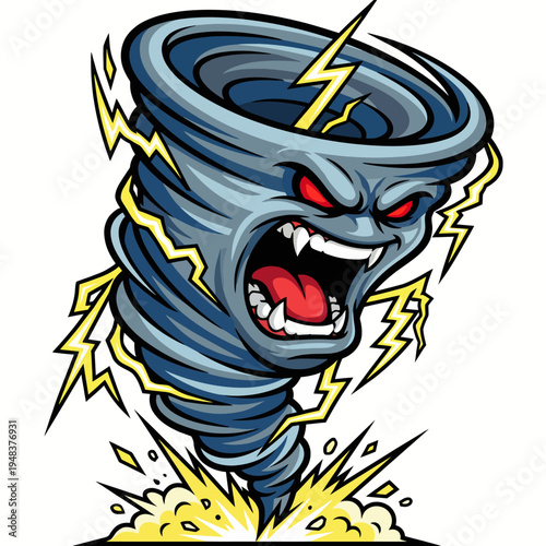A dramatic illustration of a fierce tornado with exaggerated features, providing visual impact, ideal for weather-related themes or graphic novels.