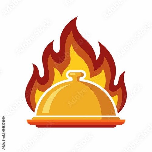 This vibrant image features a cloche covered with flames, symbolizing passion and warmth, perfect for representing culinary excitement or an enthusiastic dining experience.
