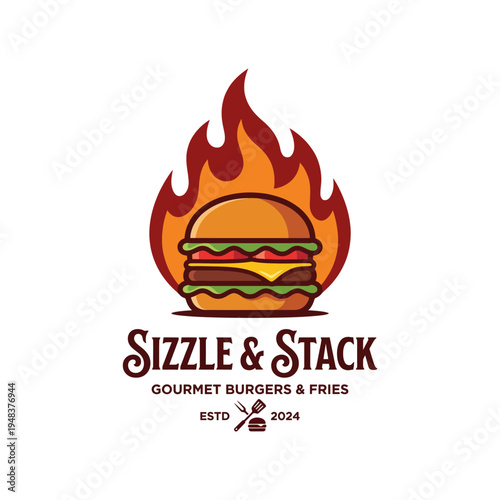 This logo showcases a gourmet burger surrounded by flames, symbolizing sizzling deliciousness, perfect for a fast-food restaurant specializing in quality burgers and fries.