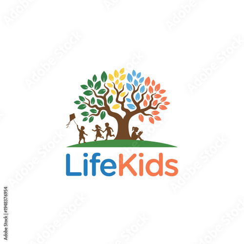 A vibrant logo showcasing a colorful tree with children playing, emphasizing growth, creativity, and life skills development for kids in a fun and engaging way.