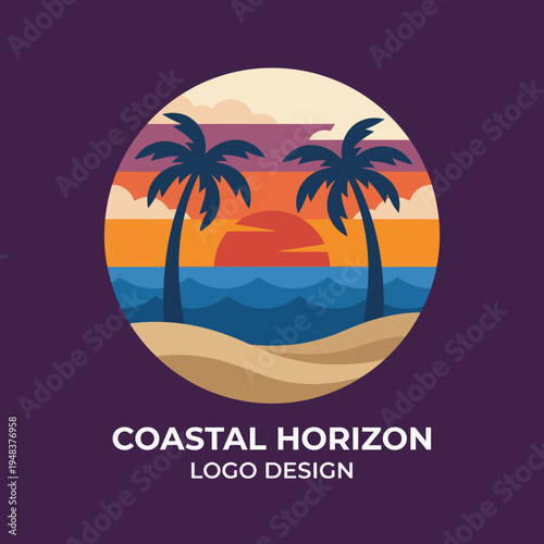 A captivating logo design featuring a serene beach scene with palm trees and a colorful sunset, symbolizing relaxation and the beauty of coastal living at Coastal Horizon.