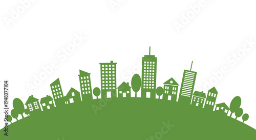 Sustainable city vector illustration with green buildings, houses, and trees on a natural landscape design