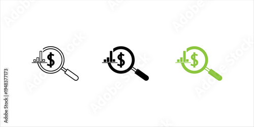 Outline icon set.  showing magnifying glass inspecting dollar symbol and bar chart, representing financial research, investment analysis, profit evaluation, and business data review.