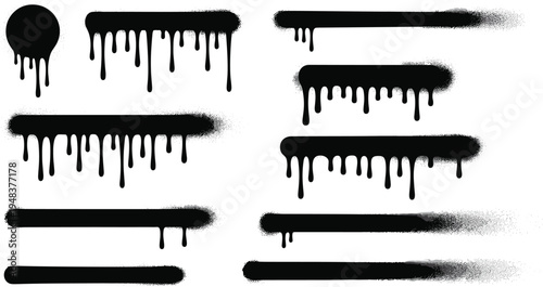 Black ink drips in circular and rectangular shapes with spray effects for artistic design projectsBlack ink drips in circular and rectangular shapes with spray effects for artistic design projects