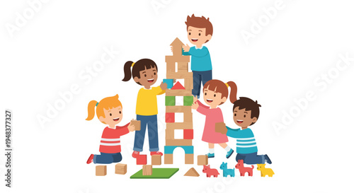 Five diverse children happily collaborate to build a tall, colorful tower using wooden blocks, demonstrating teamwork and creative play.