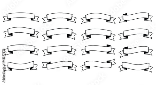 Collection of sixteen vintage-style blank black and white banner ribbon graphic elements