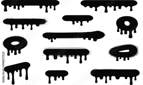 Black ink drips in oval, circular, and rectangular shapes for creative and artistic design projectsBlack ink drips in oval, circular, and rectangular shapes for creative and artistic design projects