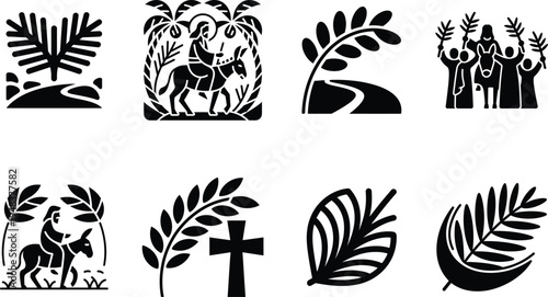 Religious palm sunday icon collection featuring jesus on a donkey and holy week christian symbols