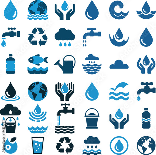 Comprehensive water resources and ecology icon set for sustainability and environmental conservation graphics