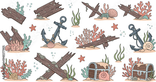 Vector set of underwater shipwreck elements including rusty anchors, treasure chests, colorful coral reefs, seaweed and broken wood planks for marine adventure and ocean floor concepts.