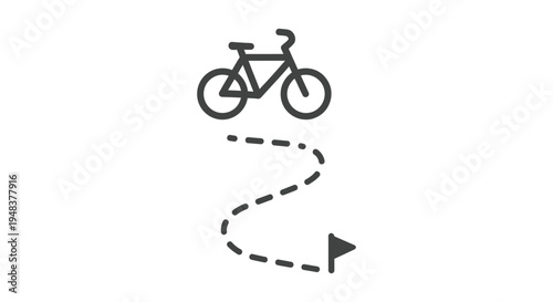 Minimalist vector illustration showing a bicycle following a dashed line path to a destination marker.