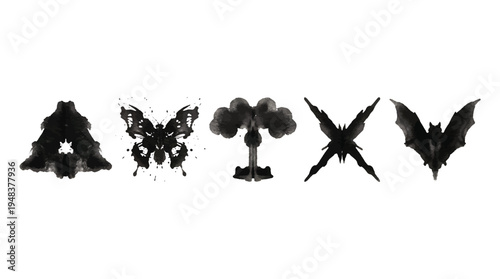 Five black inkblot shapes resembling Rorschach test figures, including a butterfly and a bat, are arranged horizontally on white.