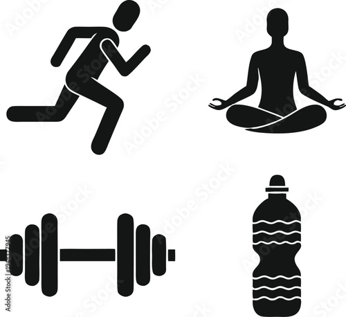 A collection of four simple black icons representing physical fitness and healthy living activities