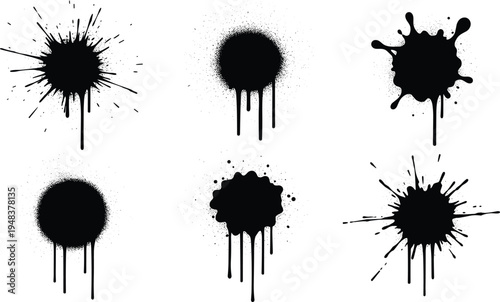 Black ink splatter collection with drips and varying patterns for creative graphic designBlack ink splatter collection with drips and varying patterns for creative graphic design
