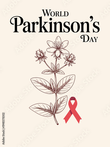 World Parkinson's Day Flower and Red Ribbon Design for Awareness and Support
