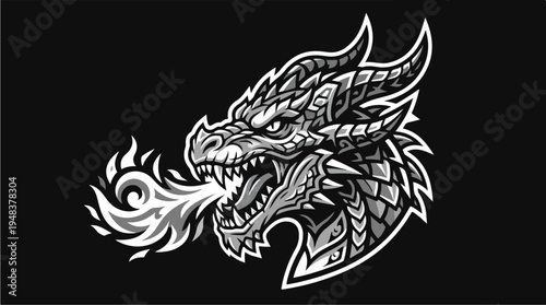 Fierce Dragon Head Breathing Fire in Monochrome Style.