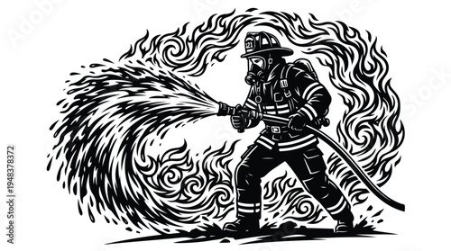 Firefighter battling a blaze with a powerful hose black and white illustration.
