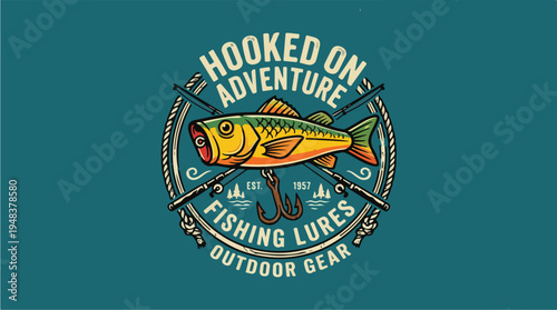 Hooked on Adventure Fishing Lures Outdoor Gear Bass Fish Logo.