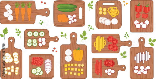 Vector set of wooden cutting boards with sliced fresh vegetables including carrots, peppers, tomatoes and cucumbers for healthy cooking, recipe preparation and kitchen infographic design.