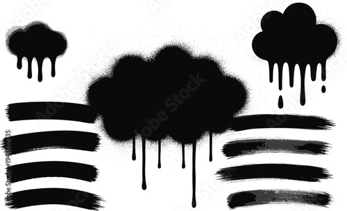 Black paint drips and grunge cloud shapes with streaks for creative artistic designs and backgroundsBlack paint drips and grunge cloud shapes with streaks for creative artistic designs and backgrounds