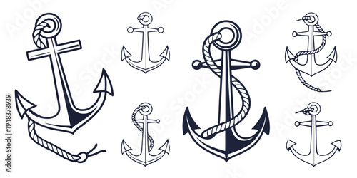 a set of nautical anchors in various styles and sizes Vector