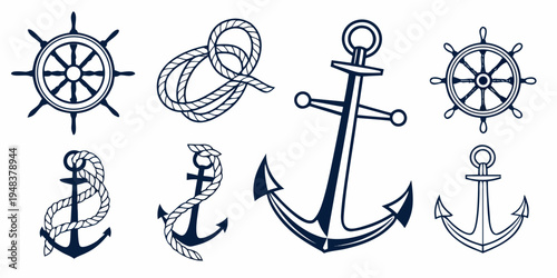 a set of nautical icons including anchors and steering wheels Vector