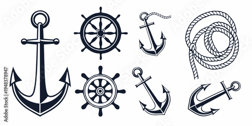 a collection of nautical icons including anchors and a ship wheel Vector