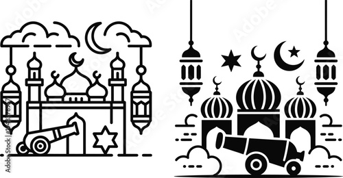 Ramadan kareem islamic culture design elements featuring mosque architecture lanterns and ramadan cannon