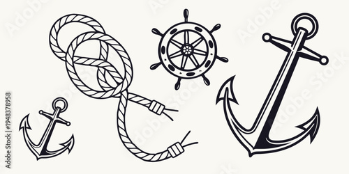 a set of nautical icons including anchors and a ship's wheel Vector