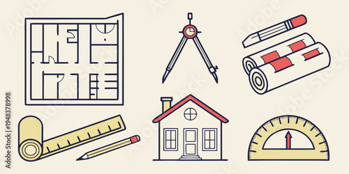 architectural tools and house plan icons Vector