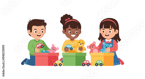 Diverse children cheerfully organize their toys, including cars and teddy bears, into colorful red, green, and yellow boxes.