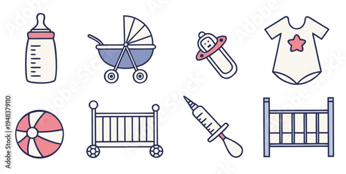 a collection of baby items and a beach ball Vector