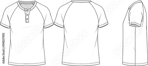 Henley t shirt technical fashion sketch with front back and side view casual apparel design template vector illustration