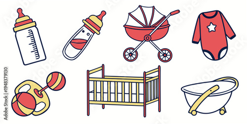 a collection of baby items including a stroller and toys Vector