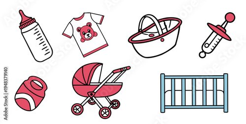 a collection of baby items including stroller and toys Vector