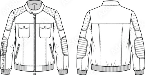 Men bomber jacket technical fashion sketch with front and back view quilted sleeve details outerwear apparel design template vector illustration