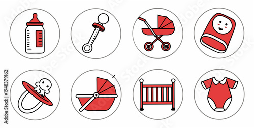 a set of red and white baby icons Vector