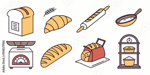 a collection of bakery items and tools Vector