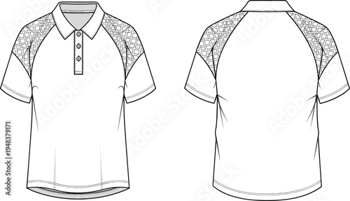 Polo shirt technical fashion sketch with front and back view short sleeve apparel design template vector illustration