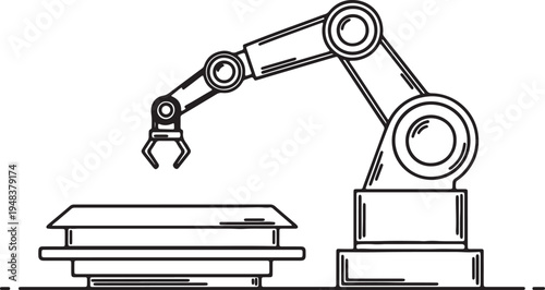 Black and white line of a robotic arm poised above a stack of rectangular on a white background also transparent background