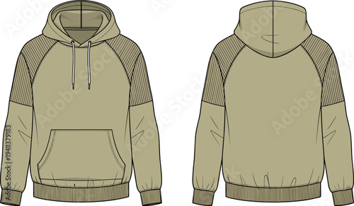 Unisex hooded sweatshirt technical fashion sketch with raglan sleeves front and back view casual hoodie apparel design template vector illustration