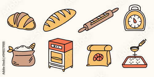 a collection of baking icons including bread and kitchen tools Vector