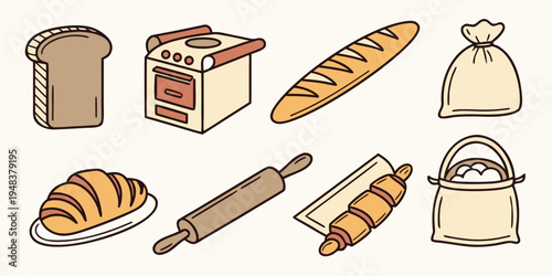 a collection of various types of bread and baking related items Vector